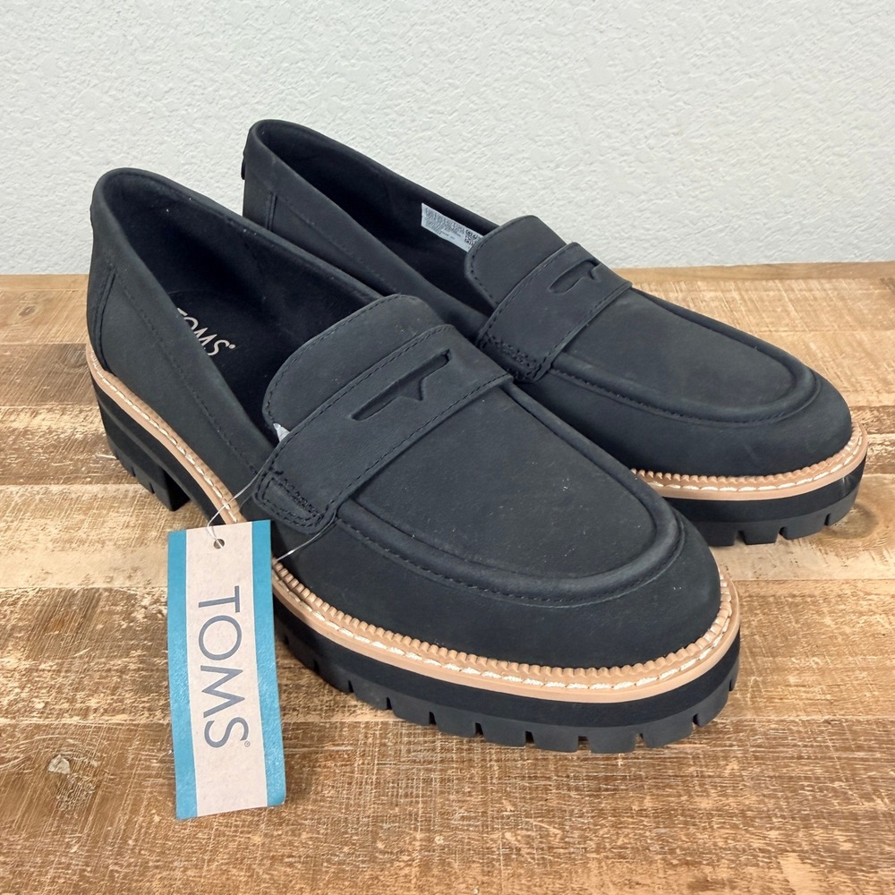 TOMS Cara Loafers Womens 8.5 Black Leather Lug Sole Platform 10020224